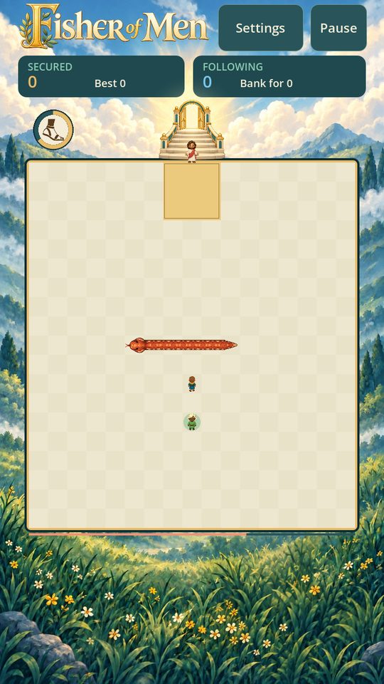 Fisher of Men: the player leads a person across the field while the serpent moves nearby